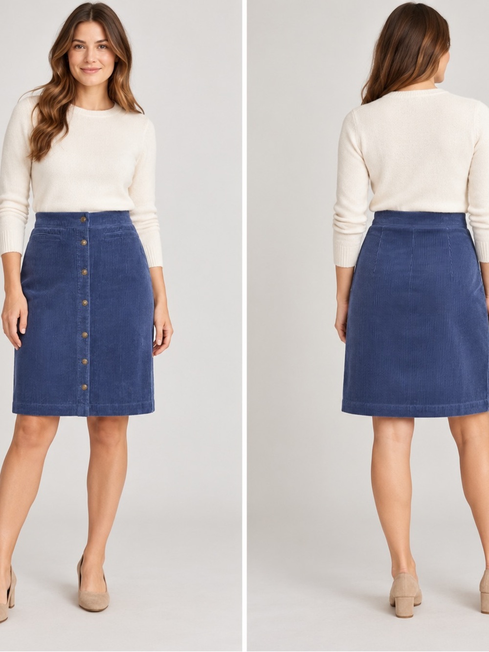 Lands' End Blue Corduroy Button-Front A-Line Skirt